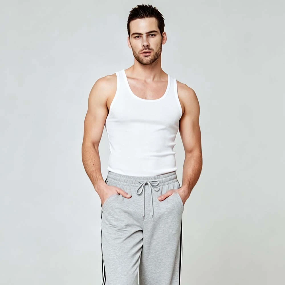 After AI transformation wearing a white tank top